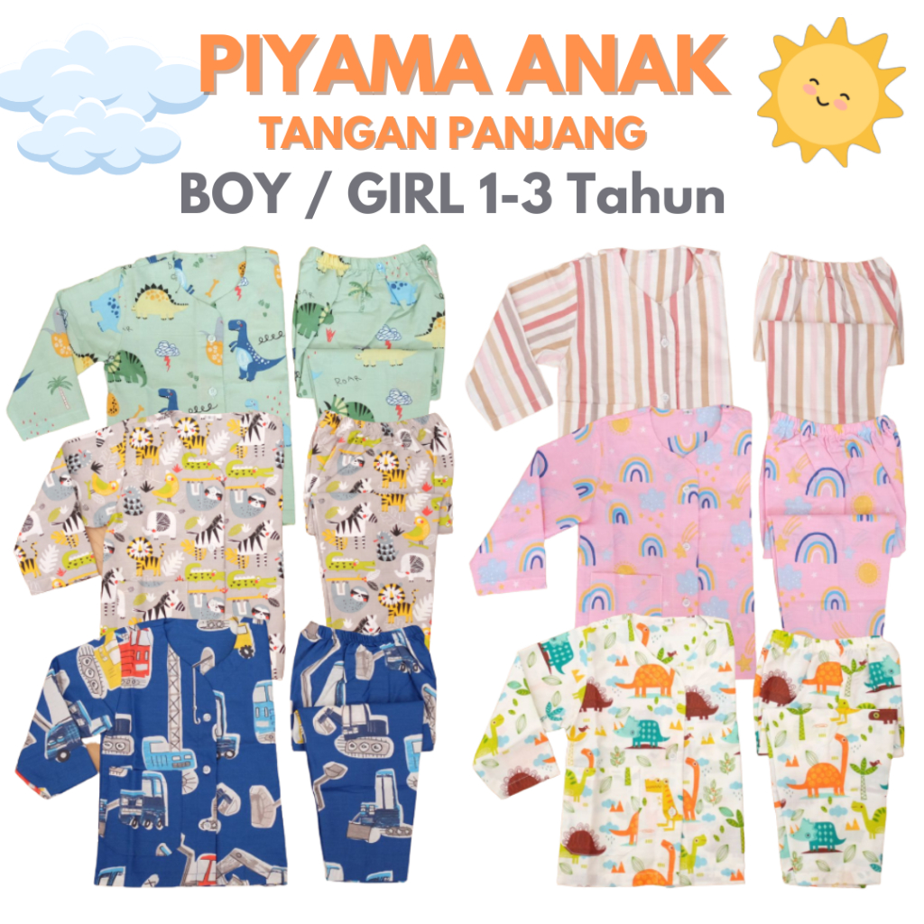 PIYAMA ANAK 1-3 TAHUN / Katun Laki Laki Perempuan / Pajamas Bobo Cewe Cowo / Atasan Tangan Panjang Boy Girl UNISEX Animal