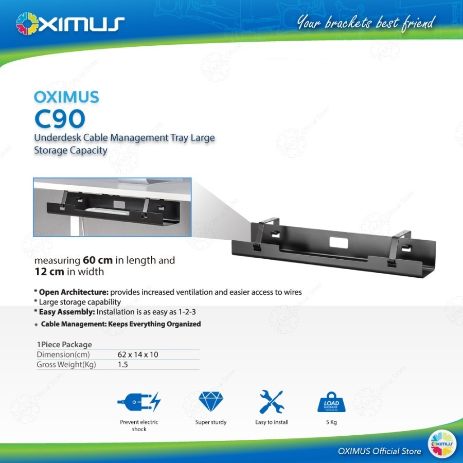 OXIMUS C90 Under-Desk Cable Management Tray Large Story Capacity