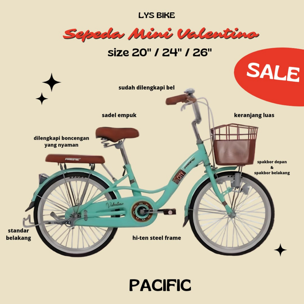 Sepeda Keranjang Boncengan CTB Pacific valentino / Sepeda Cewe Perempuan Murah