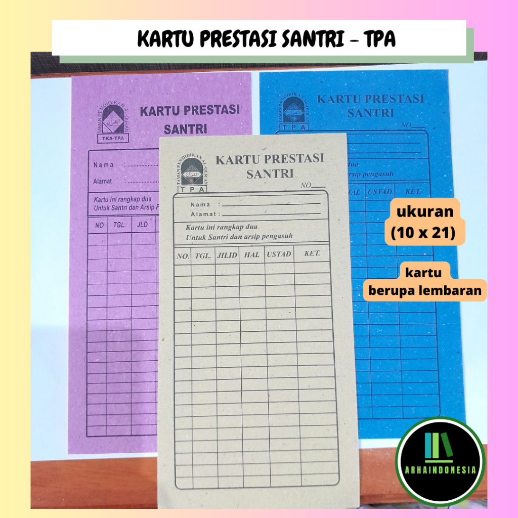 

KARTU PRESTASI SANTRI (bentuk lembaran) isi 20 lembar
