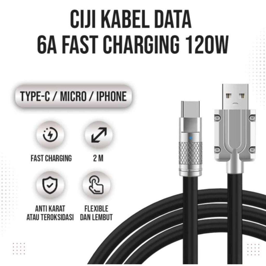 Kabel Data Metal 6A Fast Charging 120W Micro usb Type-C Cable