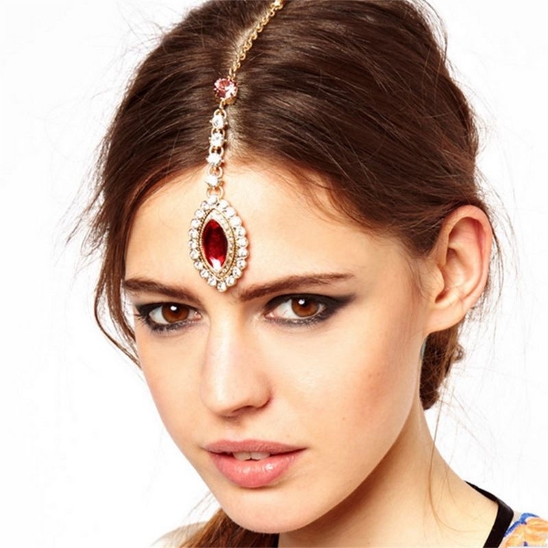 BIN-13 Headchain hiasan dahi seperti india bindi kepala rambut hindi warna merah pink biru simpel cantik elegan