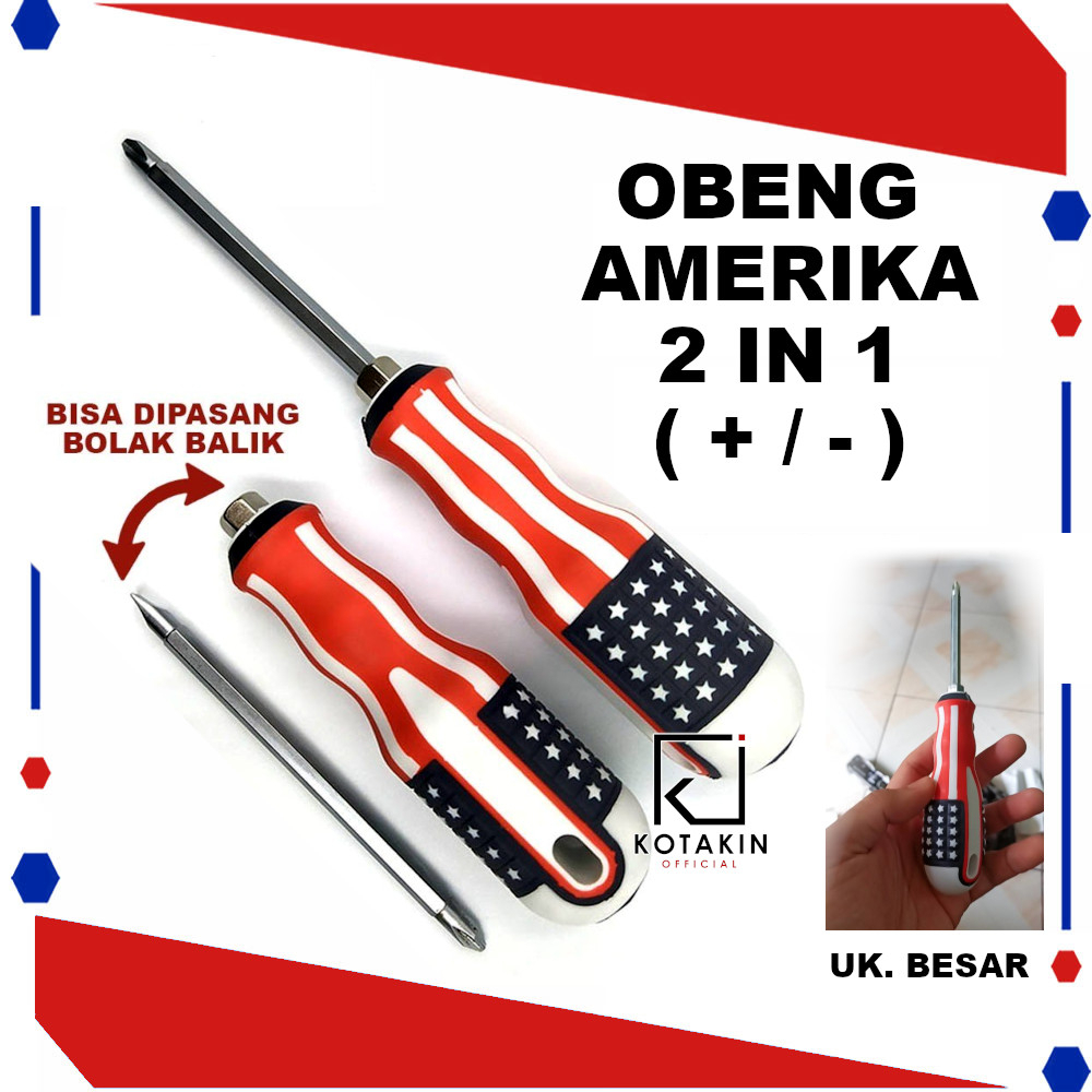 OBENG Amerika Bolak Balik Min Plus / 2in1 Screwdriver - + USA / Gagang Karet Magnet