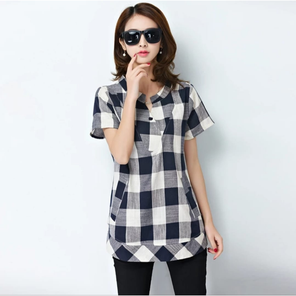 VVV SHOP Square Hem / Atasan Wanita Motif Kotak kotak catur / Atasan Wanita Kemeja Flanel / Atasan K