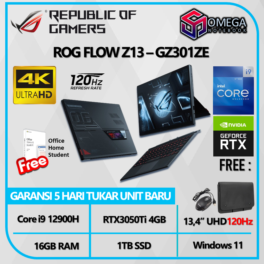 ASUS ROG FLOW Z13 GZ301ZE 4K i9 12900H 16GB 1TB SSD RTX3050Ti 4GB 13,4 UHD Windows 11 + OHS 120Hz