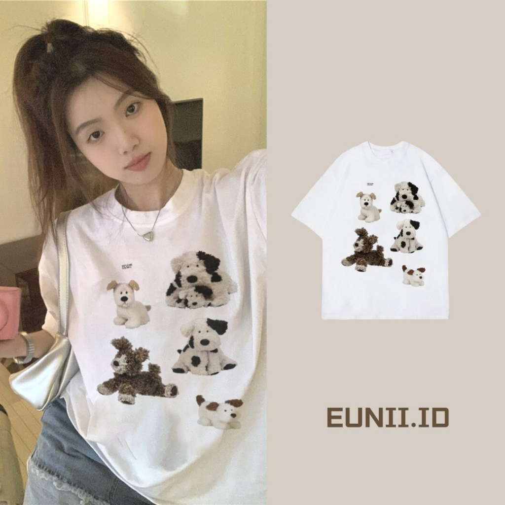 EUNII T-shirt Lengan Pendek Cartoon Cow Dog Printing Korean Style/Kaos Atasan Wanita/Baju Wanita/Kaos Wanita