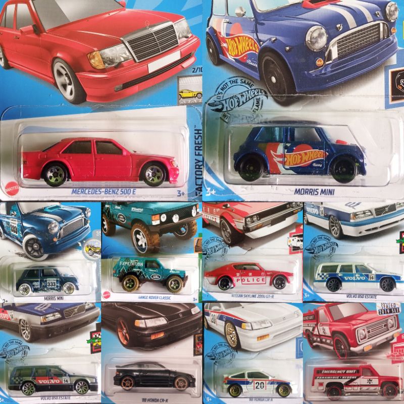 Hot wheels Mercedes Benz 500E Merah, Morris Mini, Range Rover Classic, Nissan Skyline 2000 GT (Kenme