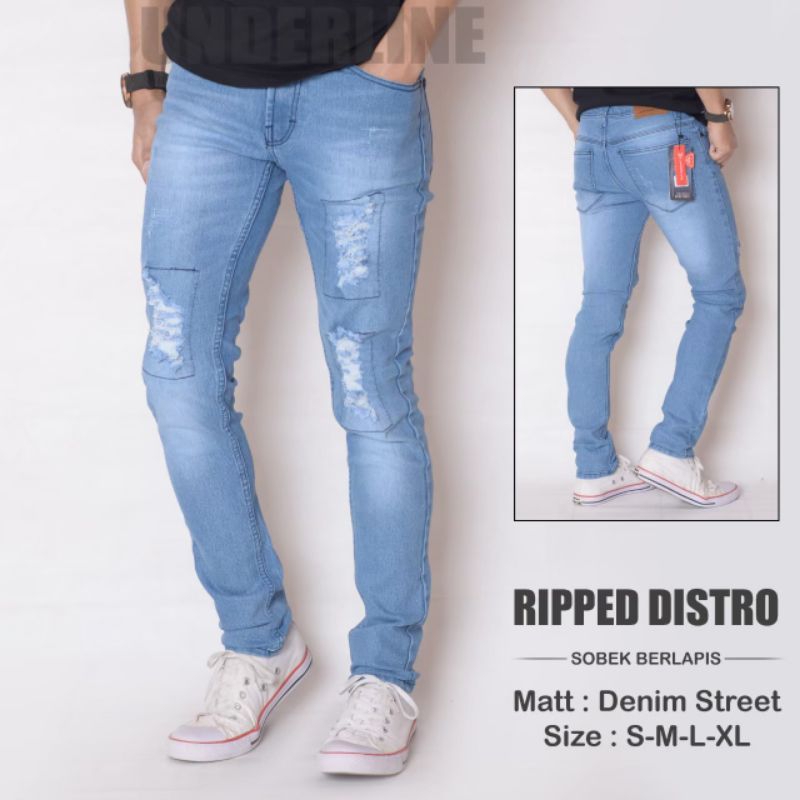 CELANA JEANS PRIA SOBEK RIPPED BLUE SKY/BLITZ TERBARU