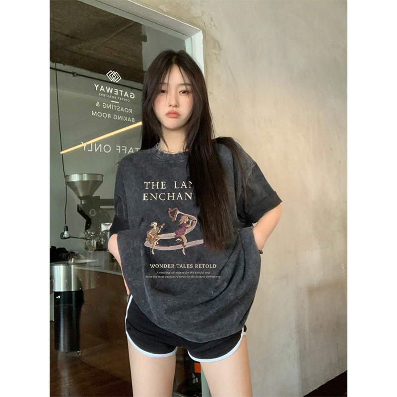 Vintage T-shirt Hitam Washed Oversize Letter Printing Kaos Lengan Pendek Baju Wanita Korean Style