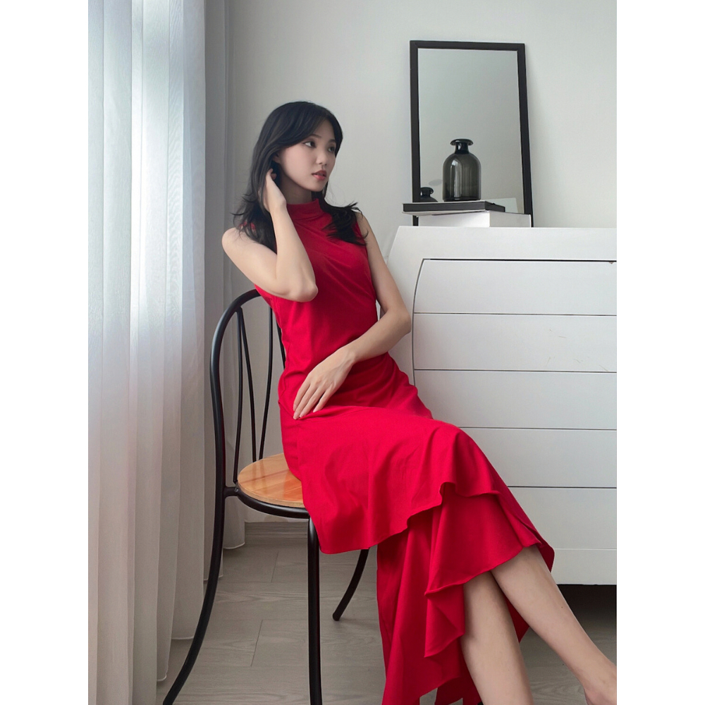 Kadaka D-0110 Long Ruffle Handkerchief Dress