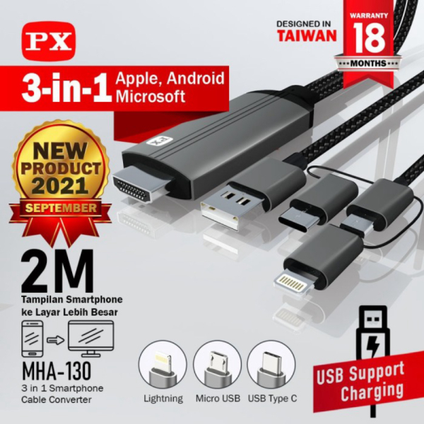 Unik Kabel MHL 3in1 HDMI to Type C USB/Micro/Lightning Converter PX MHA-130 Limited