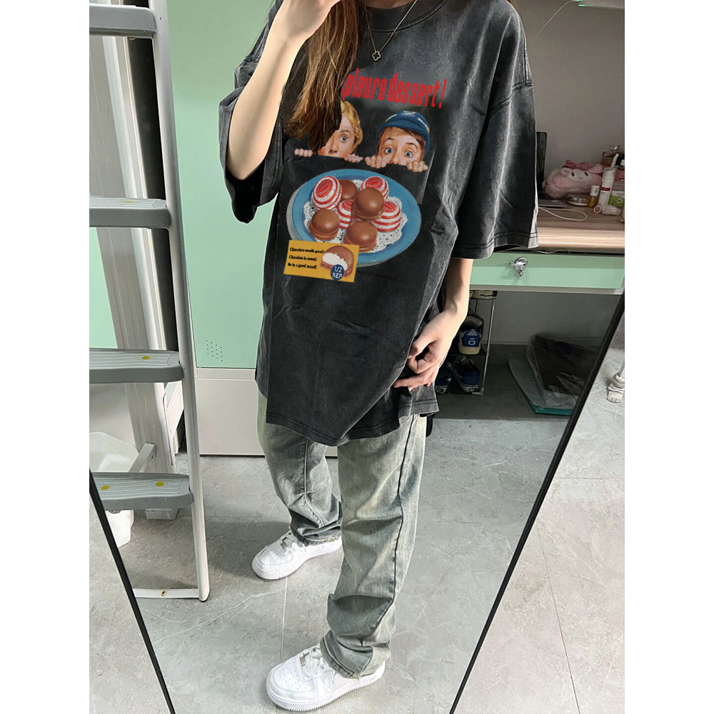 EUNII T-shirt Lengan Pendek Black Washed Cartoon Dessert Girl Printing Korean Style/Kaos Atasan Wanita/Baju Wanita/Kaos Wanita