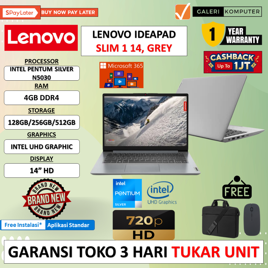 LAPTOP MURAH LENOVO IDEAPAD SLIM 1 14 INTEL PENTIUM SILVER N5030 4GB eMMC 128GB+512GB SSD 14&quot; HD WINDOWS 11 HOME FREE OFFICE 365