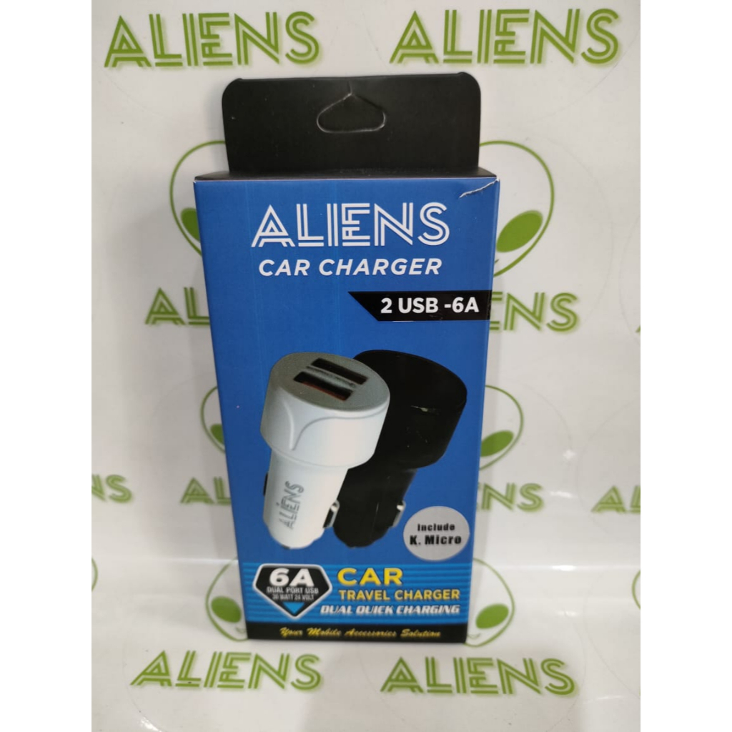 CAR CHARGER MOBIL ALIENS 2 USB WITH USB TYPE C 6A DUAL PORT USB 30 WATT 24 VOLT TRAVEL CHARGER DUAL QUICK CHARGING