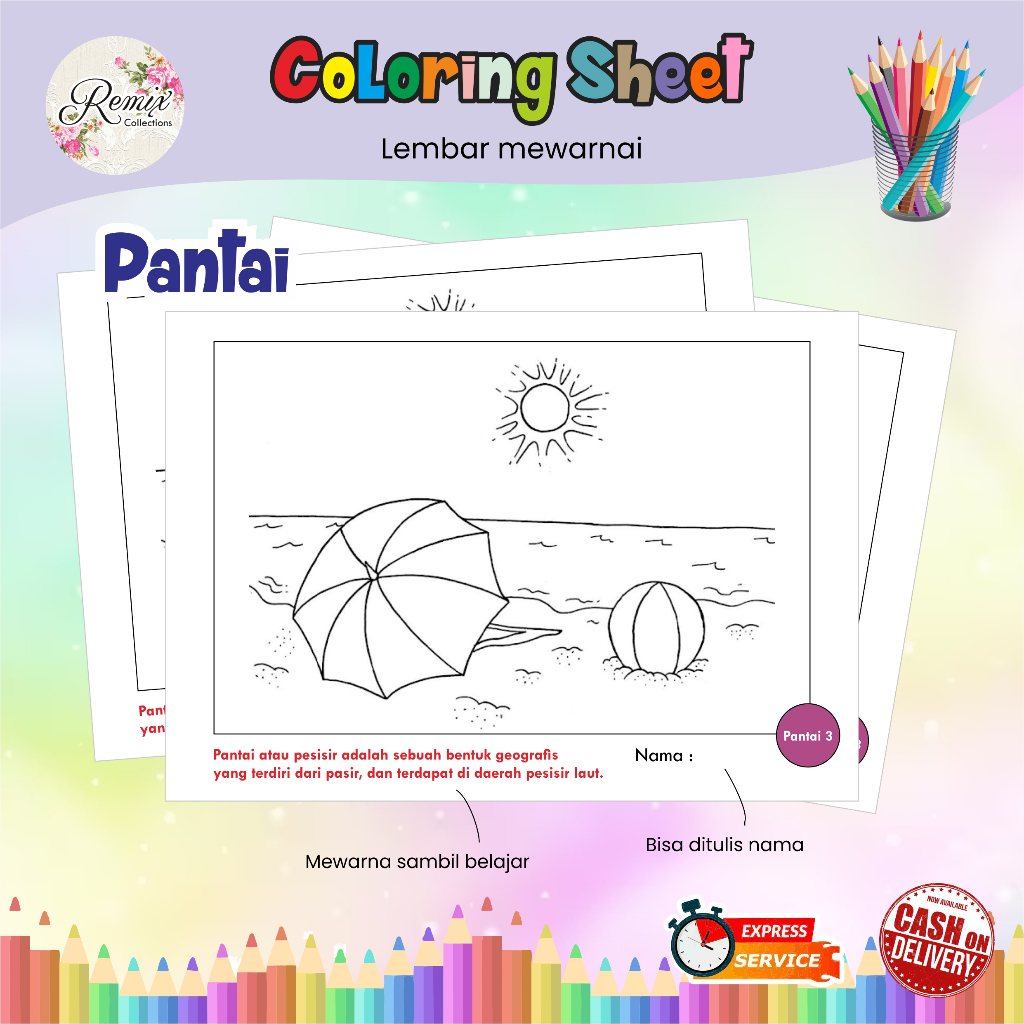 

Kertas Mewarnai tema PANTAI / Kertas Gambar / Kertas Warna Anak TK SD / Watercolor