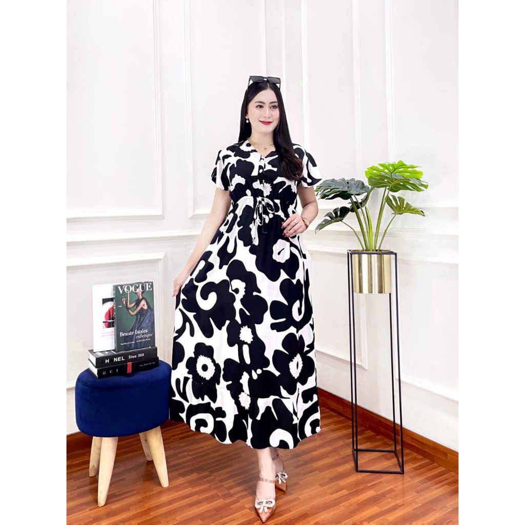 baju wanita model baru PAKAIAN WANITA MIMI DRESS KANCING DEPAN TALI SERUT LENGAN PENDEK DASTER PANJANG BUSUI FRIENDLY daster cantik ibu muda