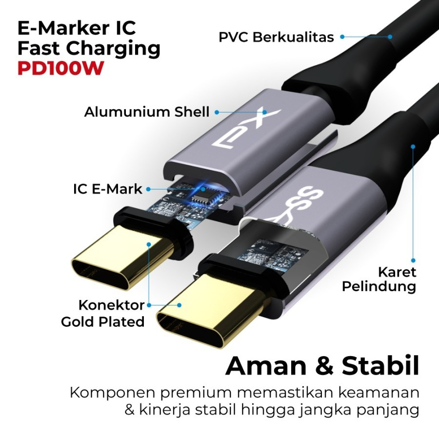 PX UCC3-1B / 2B Kabel Data USB-C to Type C Fast Charging 100W 1m / 2m - PX UCC3-1B
