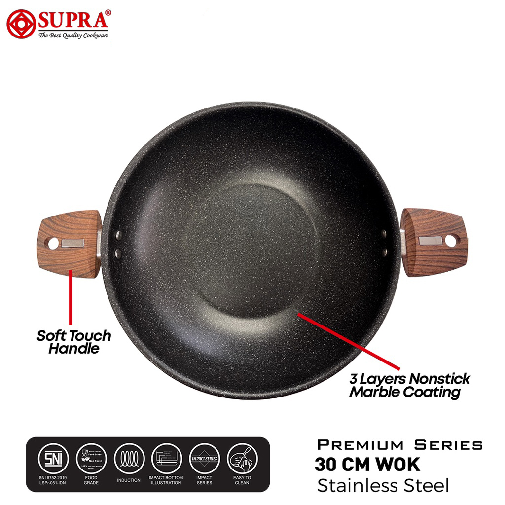 WOK impact premium 30cm marble coating / wajan masak anti lengket kuali marble tebal with Body Stainless Steel supra