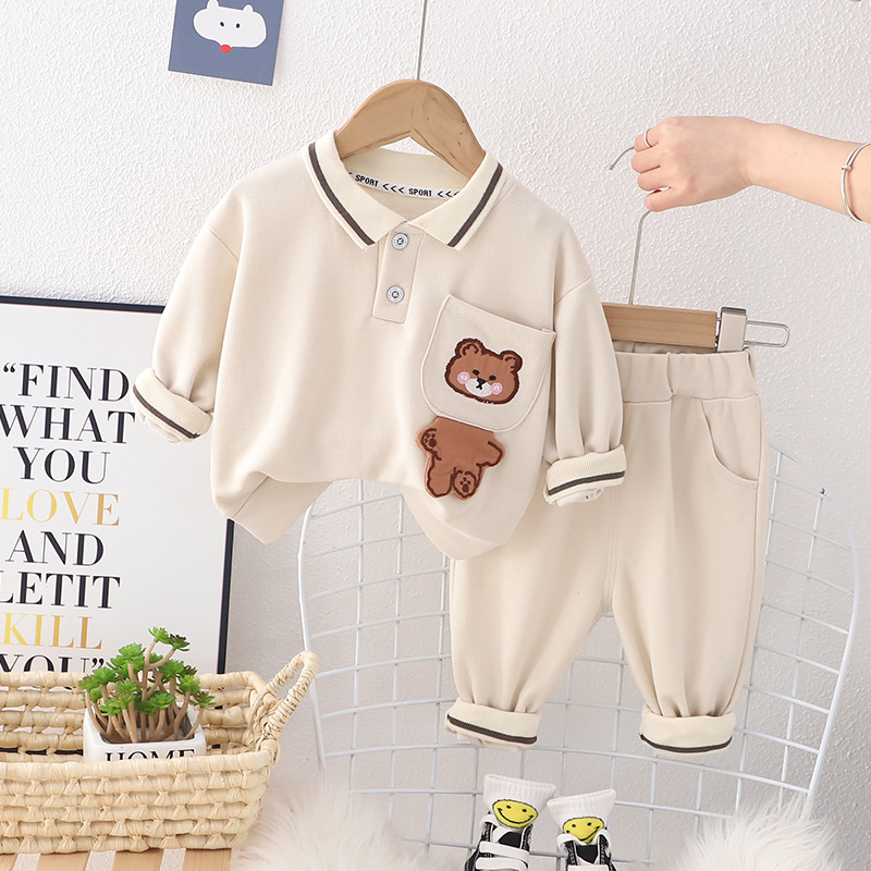 Setelan baju anak laki laki Mini bear Cream &amp; Abu ala korea usia 6 bulan - 5 tahun