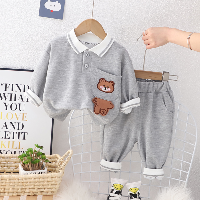 Setelan baju anak laki laki Mini bear Cream &amp; Abu ala korea usia 6 bulan - 5 tahun