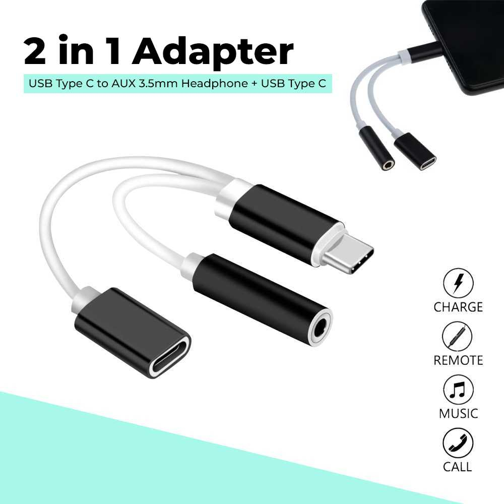 Adapter 2 in 1 USB Type C to AUX 3.5mm Headphone + USB Type C - S-K06 - Black