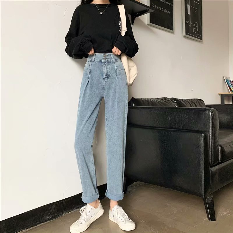 Abu abu / Biru Highwaist Celana  Jeans Boyfriend Wanita Korea Style Kekinian