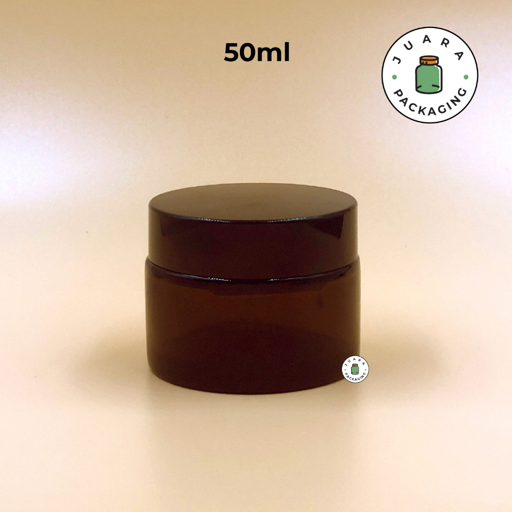 Pot Kosmetik Cream 50ml Kaca Amber Coklat dengan Tutup Plastik Hitam – Jar Skincare Kaca Tebal Elega