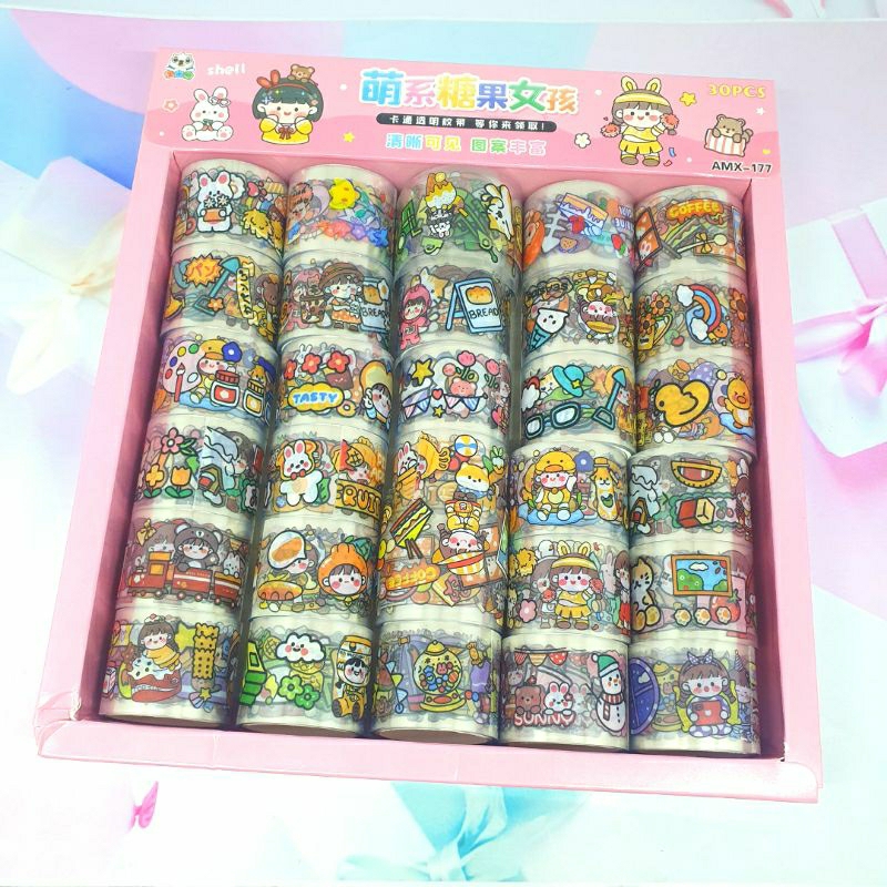 [ 30 ROLL / 1 BOX ] STIKER ROLL TRANSPARAN TAPE DECO MOMO / TAPE BENING KARAKTEE