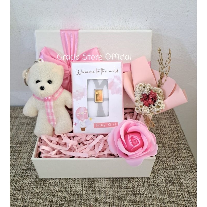 GIFT BOX SPESIAL BABY GIRL NUANSA PINK HAMPERS LOGAM MULIA ANTAM 1 GR