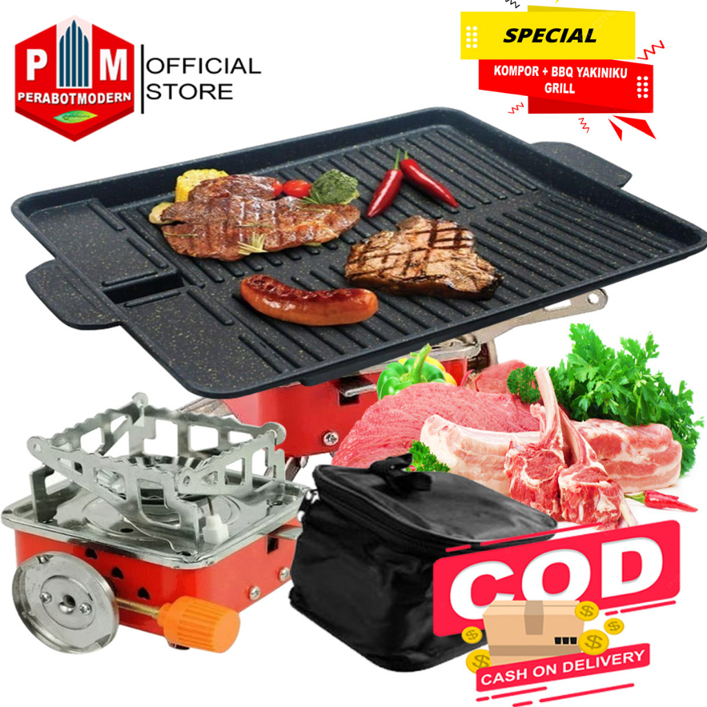 PAKET KOMPOR CAMPING PLUS BBQ YAKINIKU GRILL PAN / PAKET HEMAT PANGGANGAN BAKAR BAKARAN SATE STEAK BBQ YAKINIKU ROTI BURGER CUMI SEAFOOD KOREA DENGAN KOMPOR PIKNIK TAS