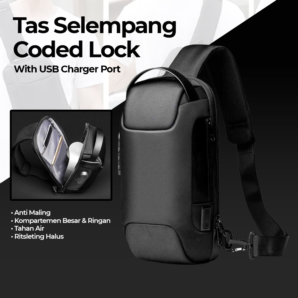 Tas Selempang Crossbody Coded Lock with USB Charger Port - SP-050 - Black