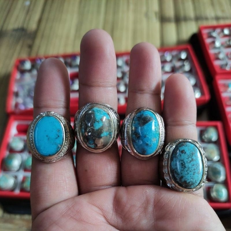 cincin Batu Pirus Persia Serat Perak (N)