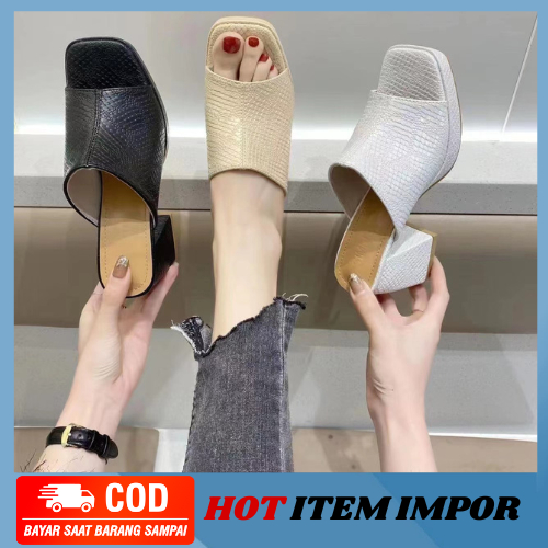 MB-SW21 Sandal Heels Wanita Motif Kulit Trendy Casual Formal