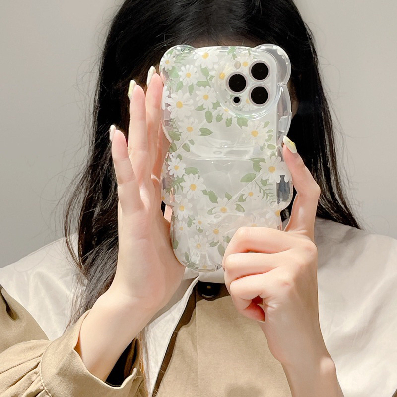 White Flower Bear with Crystal Chain Softcase Casing Case HP Lucu iphone XS XS Max XR 11 Pro Max 12 Pro Max 13 Pro Max 14 Pro Max