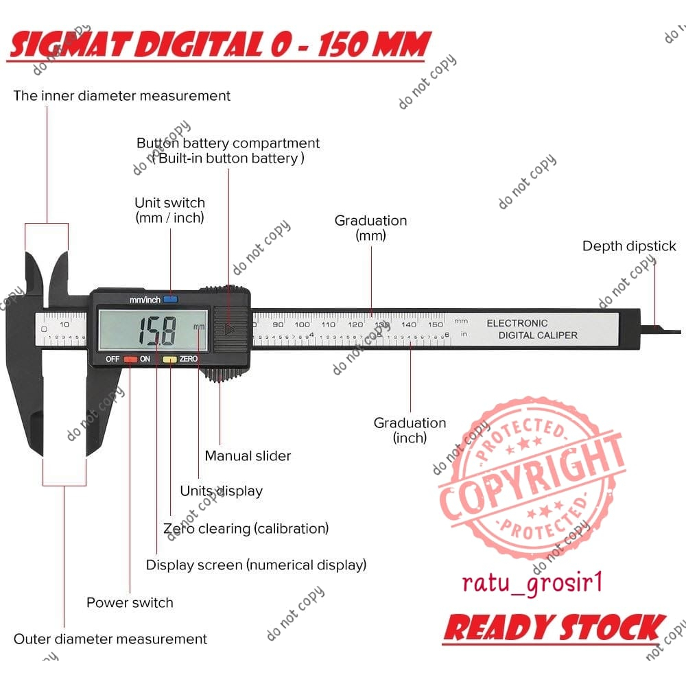 Jangka Sorong Digital Sigmat Sketmat Vernier Caliper Calliper Carbon 0.1 kaliper lcd meter Hitam