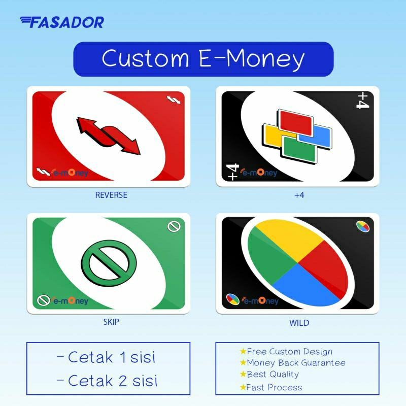 GRATIS CUSTOM NAMA E Money E-Money Card Kartu e-Toll Kereta MRT Uno Reverse skip wild +4