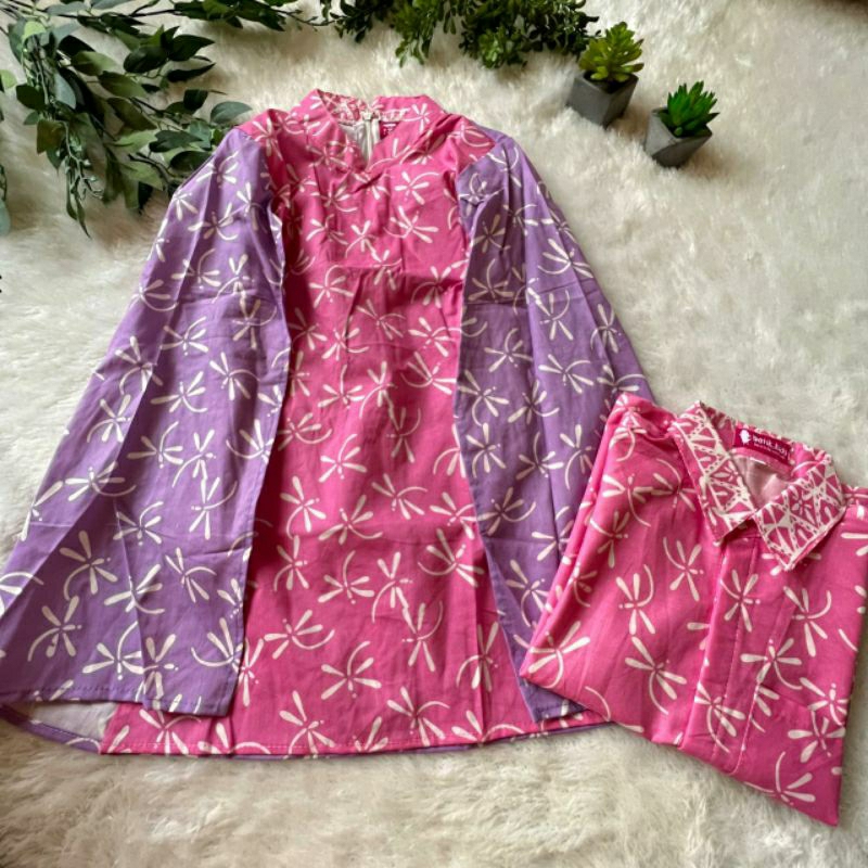 COUPLE DRESS BATIK ANAK KAKAK ADIK CEWEK COWOK MODEL SAYAP BAHAN KATUN PRIMA DRESS PINK UNGU LILAC
