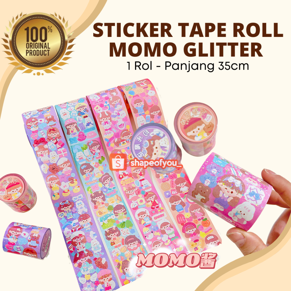 Sticker Momo Roll Tape Glitter Viral Motif Koreaa Kartun Panjang 35cm Waterproof Premium