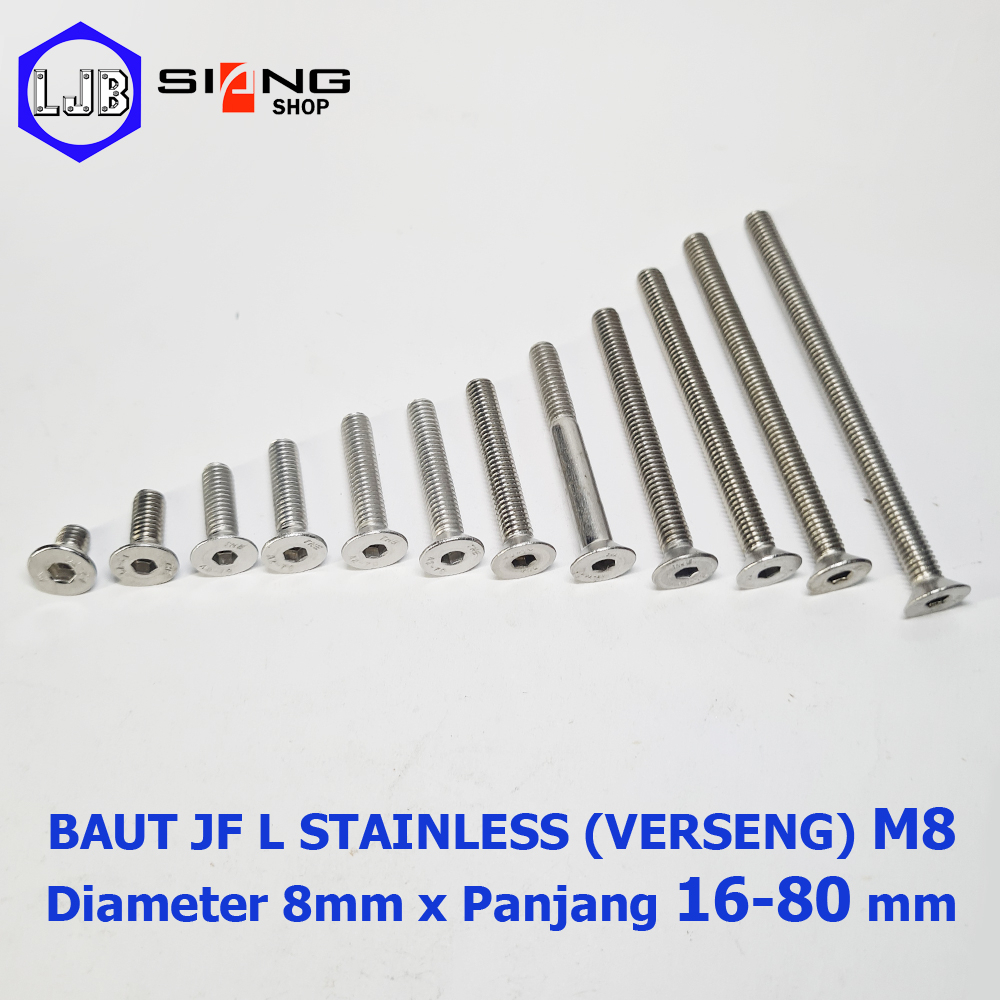 Baut JF L M8 Stainless 304 THE A2-70 (Verseng) Panjang 16 sd 80 mm