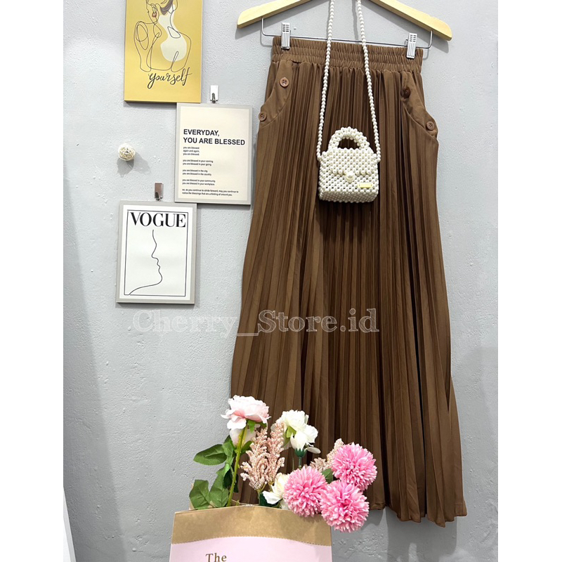 Cherry_KD03 Rok plisket pocket wanita / rok panjang wanita / rok wanita korean style