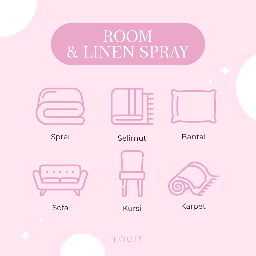 Louie Room and Linen Pillow Spray Air Freshener Pewangi Pengharum Parfum Multi All Purpose Cleaner Penghilang Bau Ruangan Kamar Tidur Kamar Mandi Toilet WC Closet Kloset Lemari Pakaian Baju Karpet Interior Mobil Kotoran Anjing Kucing Pesing Kencing 100ml