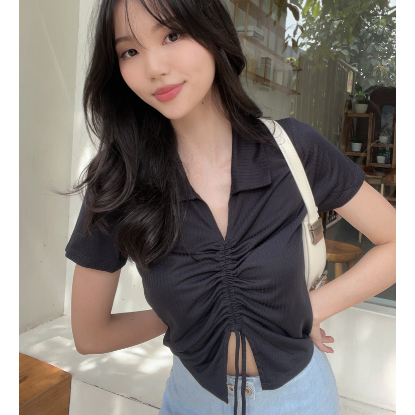 Kadaka T-0466 Top Scrunch Serut Detail Kerah Knit Korea