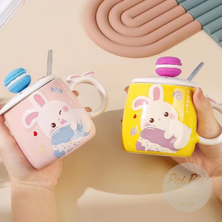 Cangkir Gelas Keramik Bunny Kelinci Macaron Cup Gift Set Ceramic Mug dengan tutup High Quality