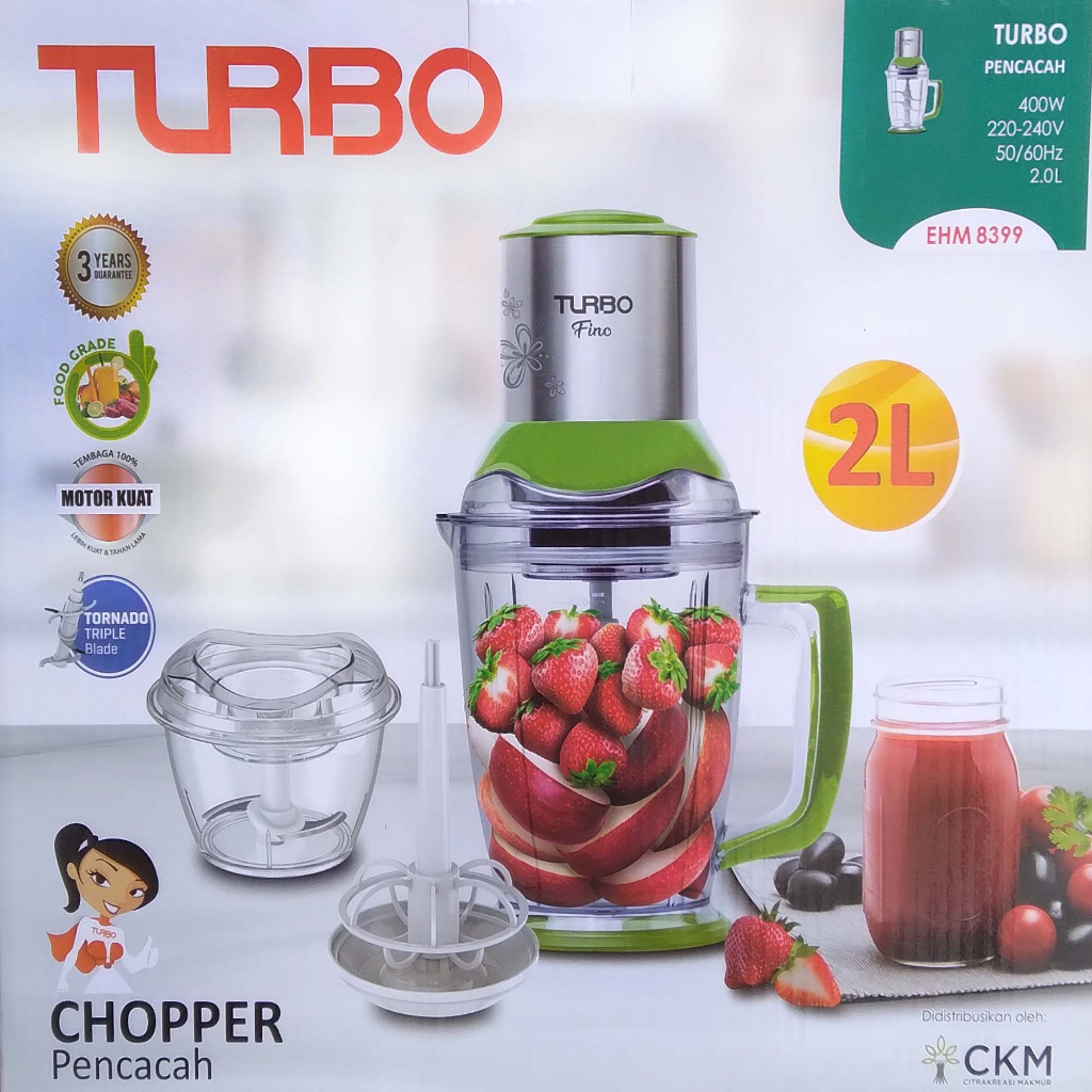 Chopper Blender Gilingan Daging Meat Grinder 2 Liter Turbo EHM 8399 Food Chopper Food Processor Alat Penggiling Daging Penghalus Daging Bumbu  Choper  Chooper Daging Magic Chopper Mitochiba CH 100 CH 200 Blender Mpasi Bayi Gear Metal Motor Tembaga