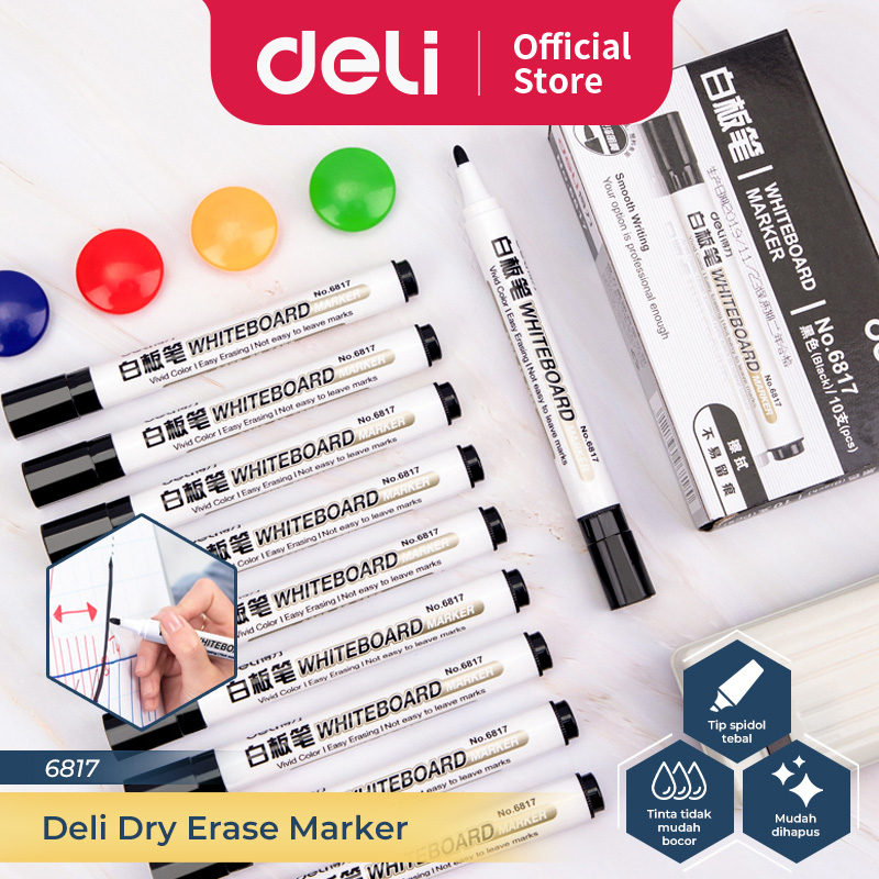 

Deli Whiteboard Marker / Spidol Papan Tulis Bisa Dihapus Isi 10 pcs Hitam/Biru/Merah 6817