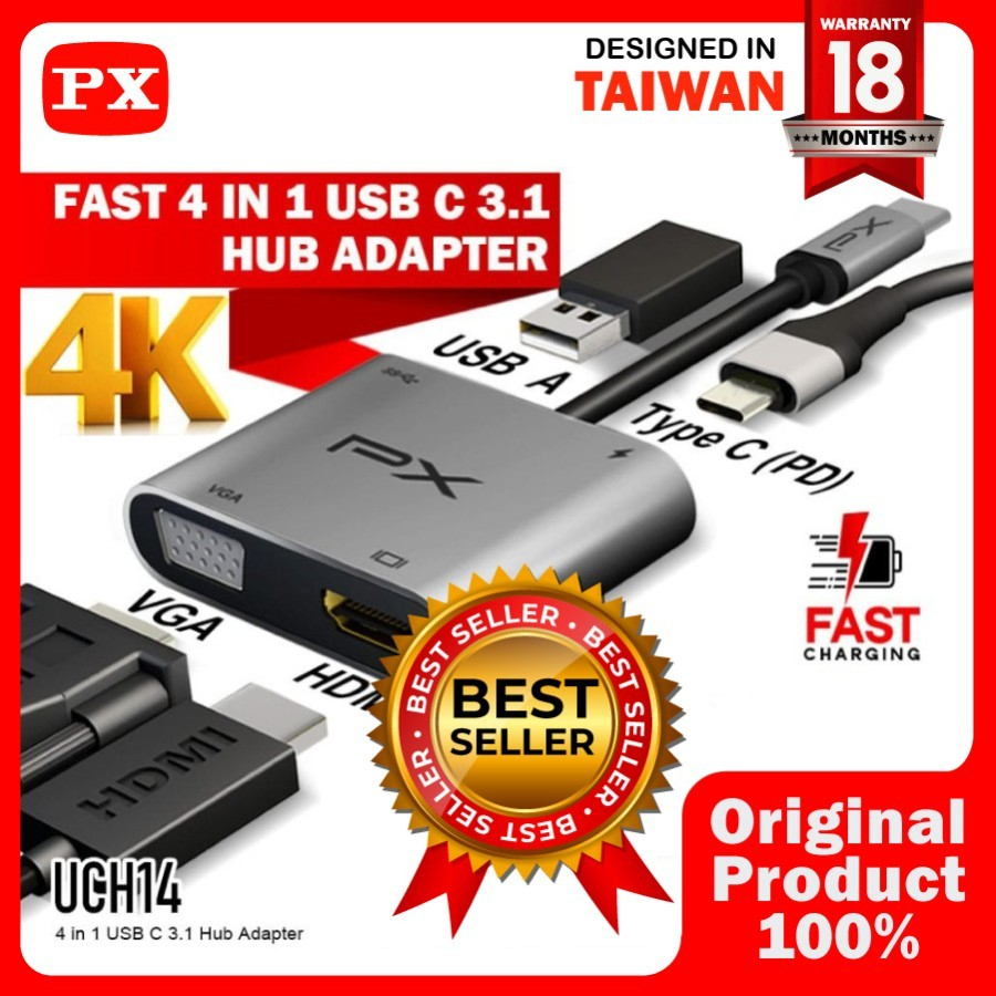 PX Type C 3.1 to HDMI VGA USB Hub Converter Adaptor 4 in 1 4K UCH14