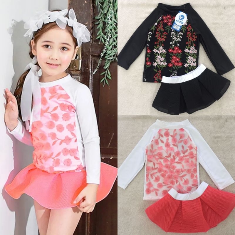 (1-10th) Baju renang anak cewe lengan panjang setelan rok bordir putih hitam import Rok ngembang