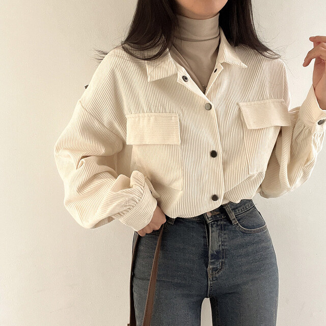 Korean Style Jaket Wanita Terbaru Lengan Panjang Corduroy Outer Crop Jacket