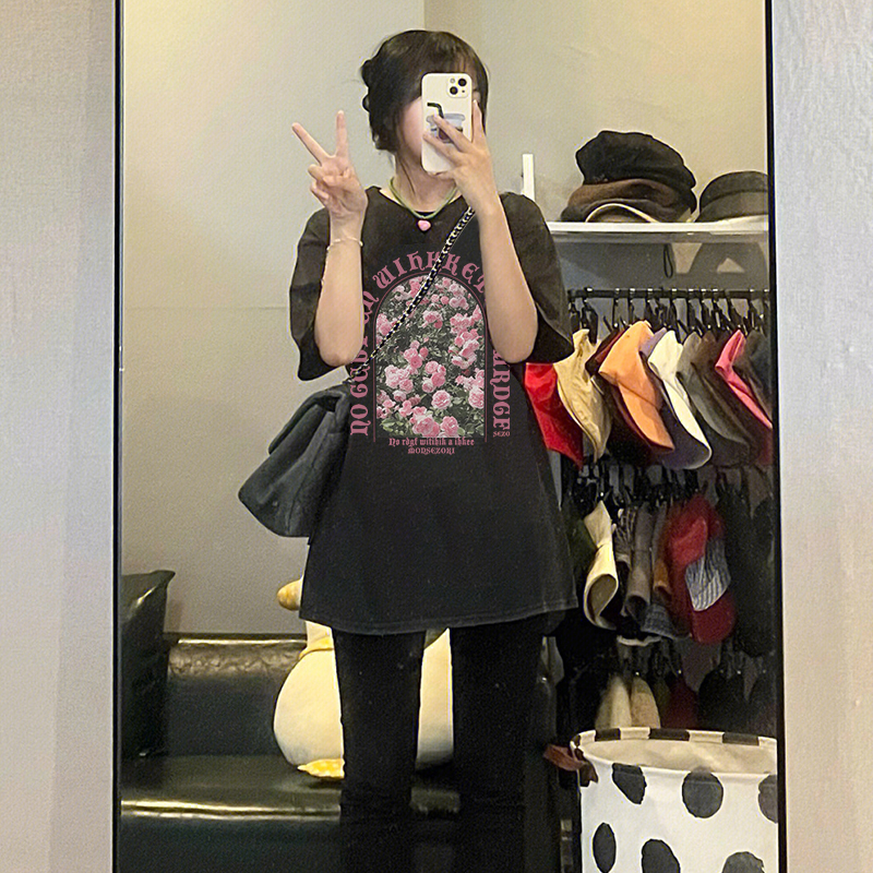 Print Washed T-shirt Kaos Lengan Pendek Oversize Cartoon Flowers Korean Style Atasan Wanita