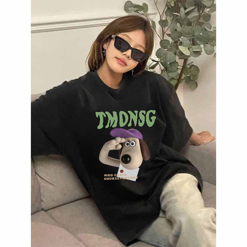 EUNII T-shirt Lengan Pendek Black Washed Cute Salute Dog Printing Korean Style/Kaos Atasan Wanita/Baju Wanita/Kaos Wanita